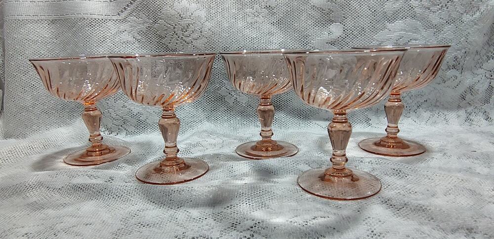 5 Vintage Arcoroc France Rosaline Pink Swirl Champagne Glasses